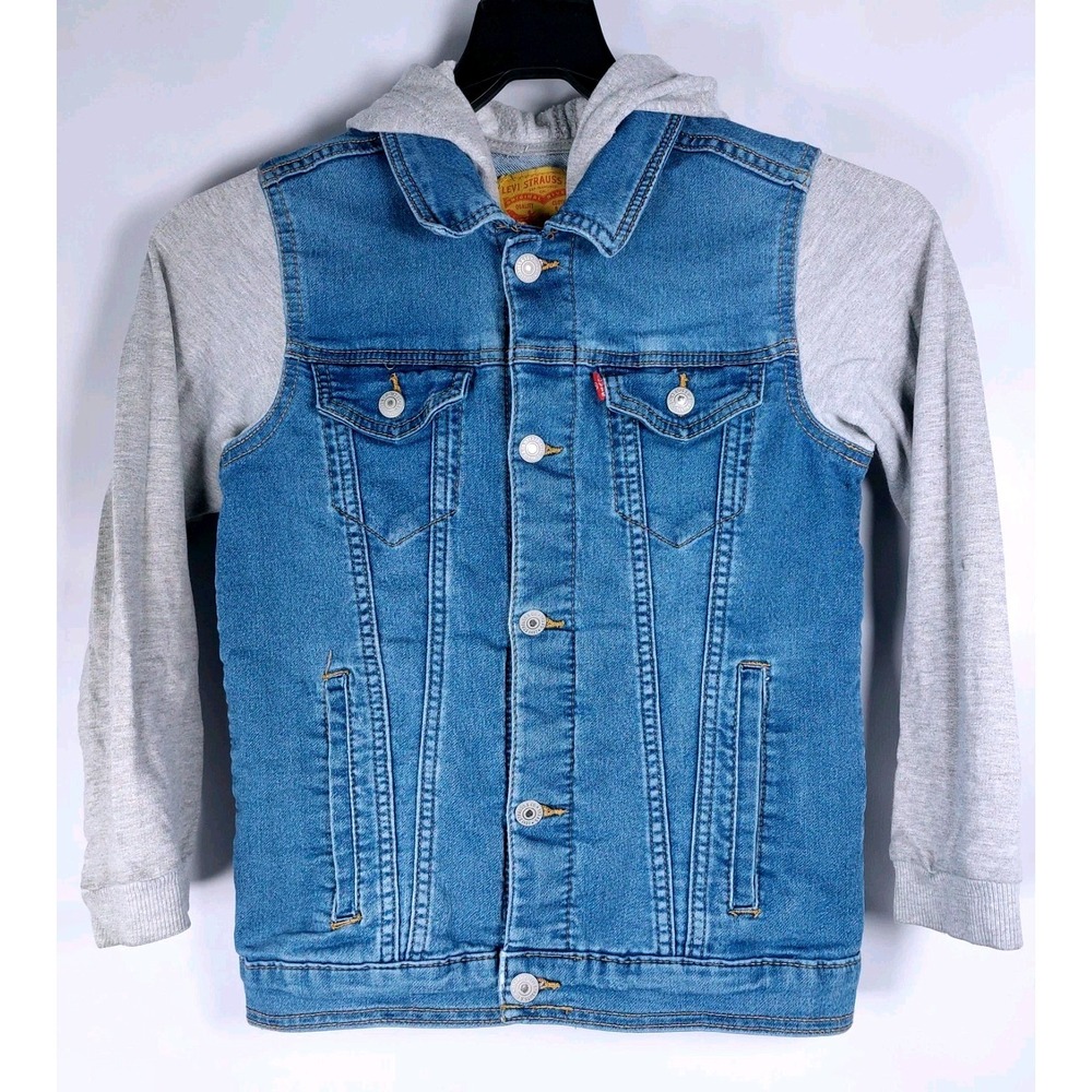 Levi Denim Trucker Jacket Hoodie Youth Large (12/13 Yrs) Gray Sweatshirt Sleeves
